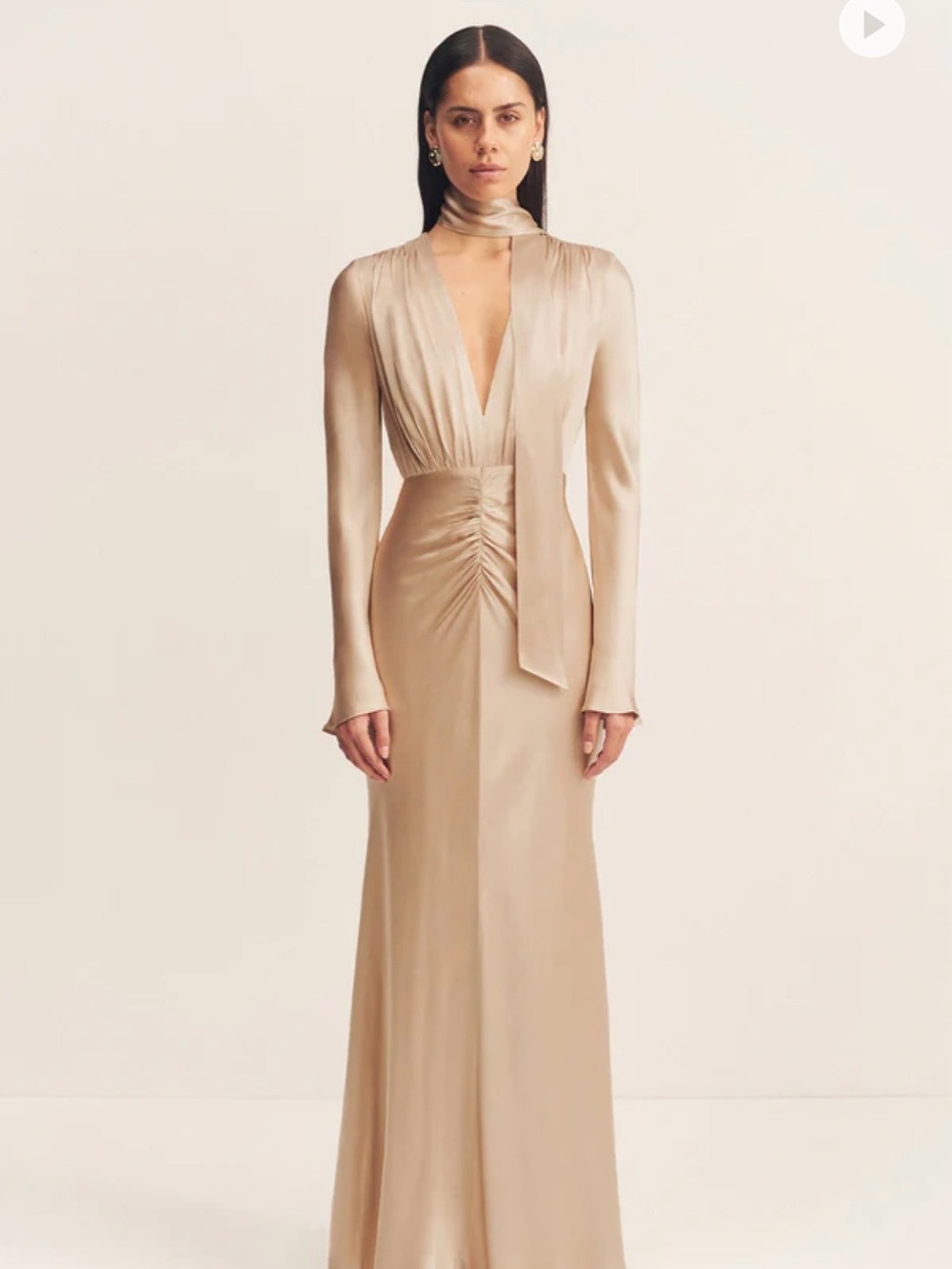 Shona Joy Champagne Satin Maxi Dress with Neck Tie